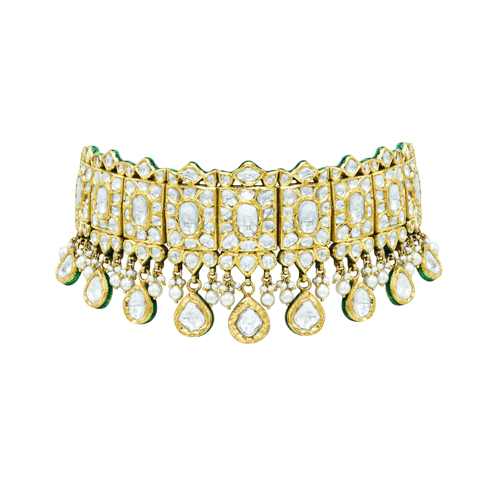 Polki Choker with Square and Teardrop Settings and Pearl Drops